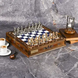 Luxury Chess Set Metal Pieces Wooden Board, Handmade Strategy Game, Graduation Gift for Him, College Graduate Gift