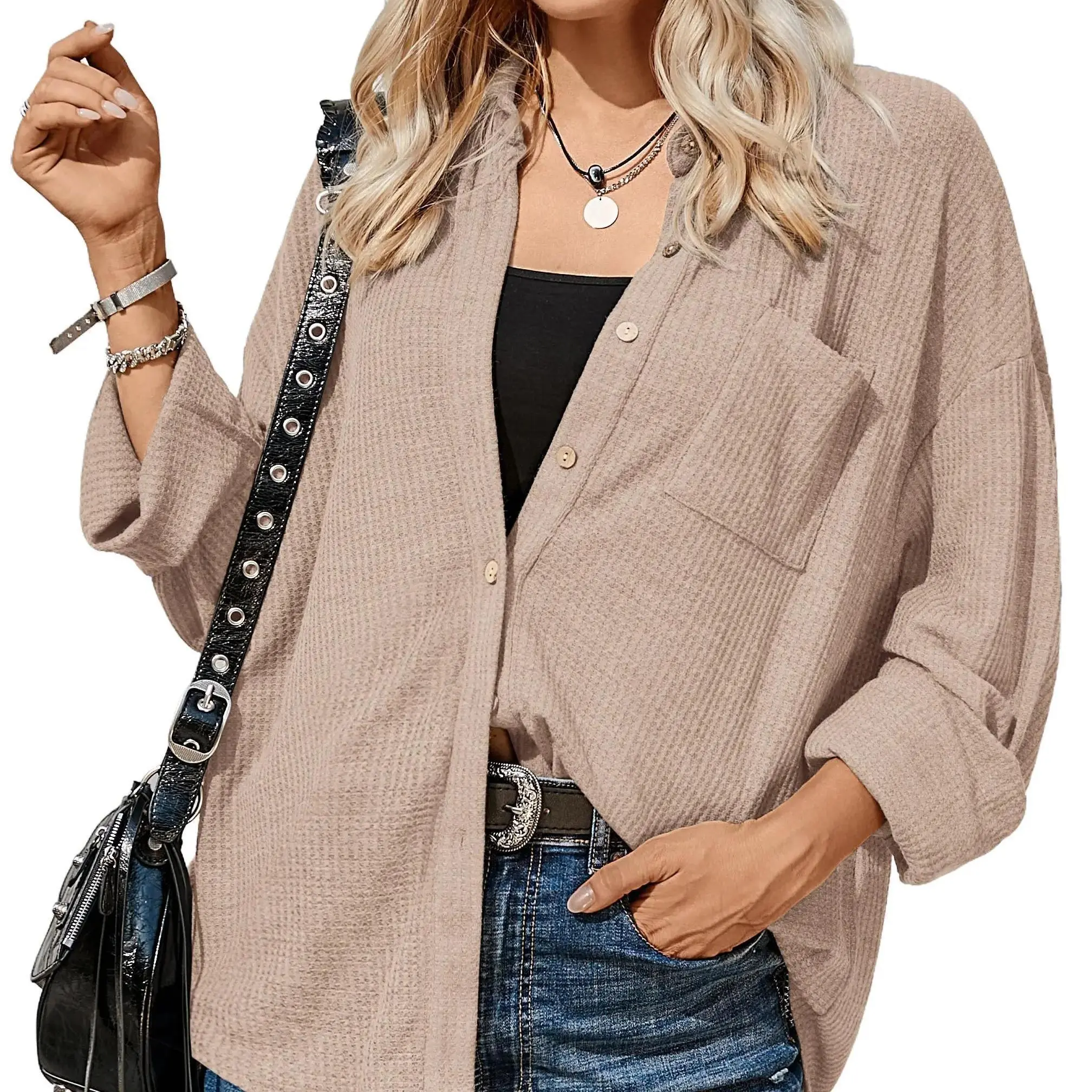 Women’s Waffle Button Down Shirts for Women V Neck Long Sleeve Lightweight OL Blouse with Pocket Dressy Casual Work Shacket Autumn Womenswear Basic Collared summerwins