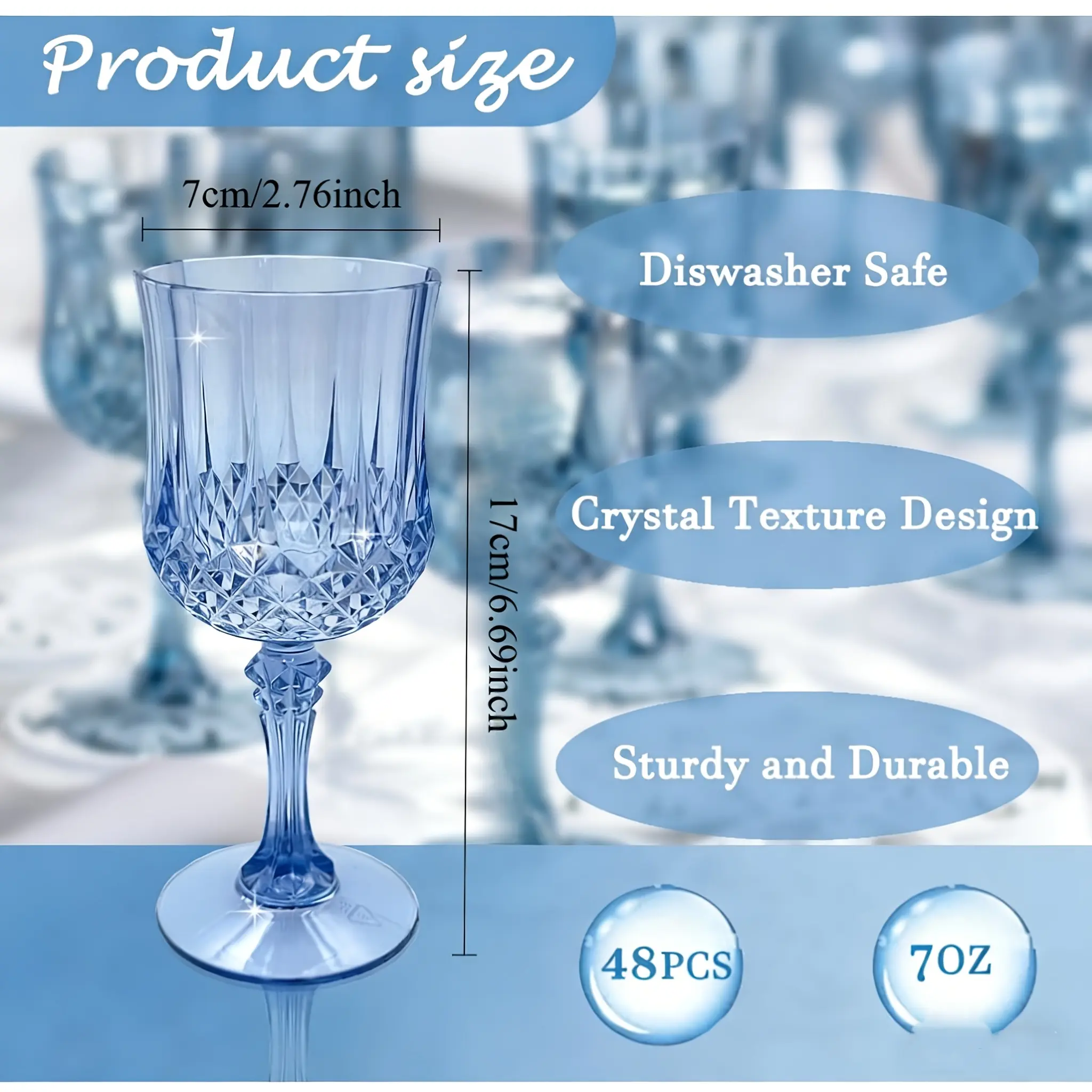 48 Pack Blue Plastic Party Cups Set-7oz Champagne Flutes Wine Glasses,  Vintage Stemware for Wedding,