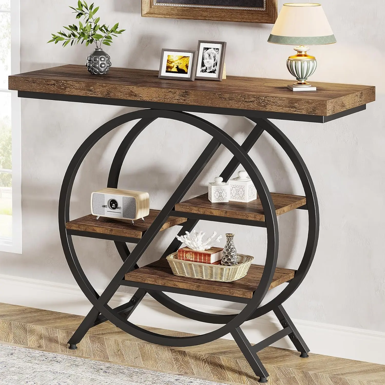 Tribesigns Console Table, 39.4-Inch Entryway Table with Thickened Tabletop, 4- Tier Industrial Narrow Hallway Sofa Table with Geometric Metal Frame for Living Room, Entryway, Rustic Brown