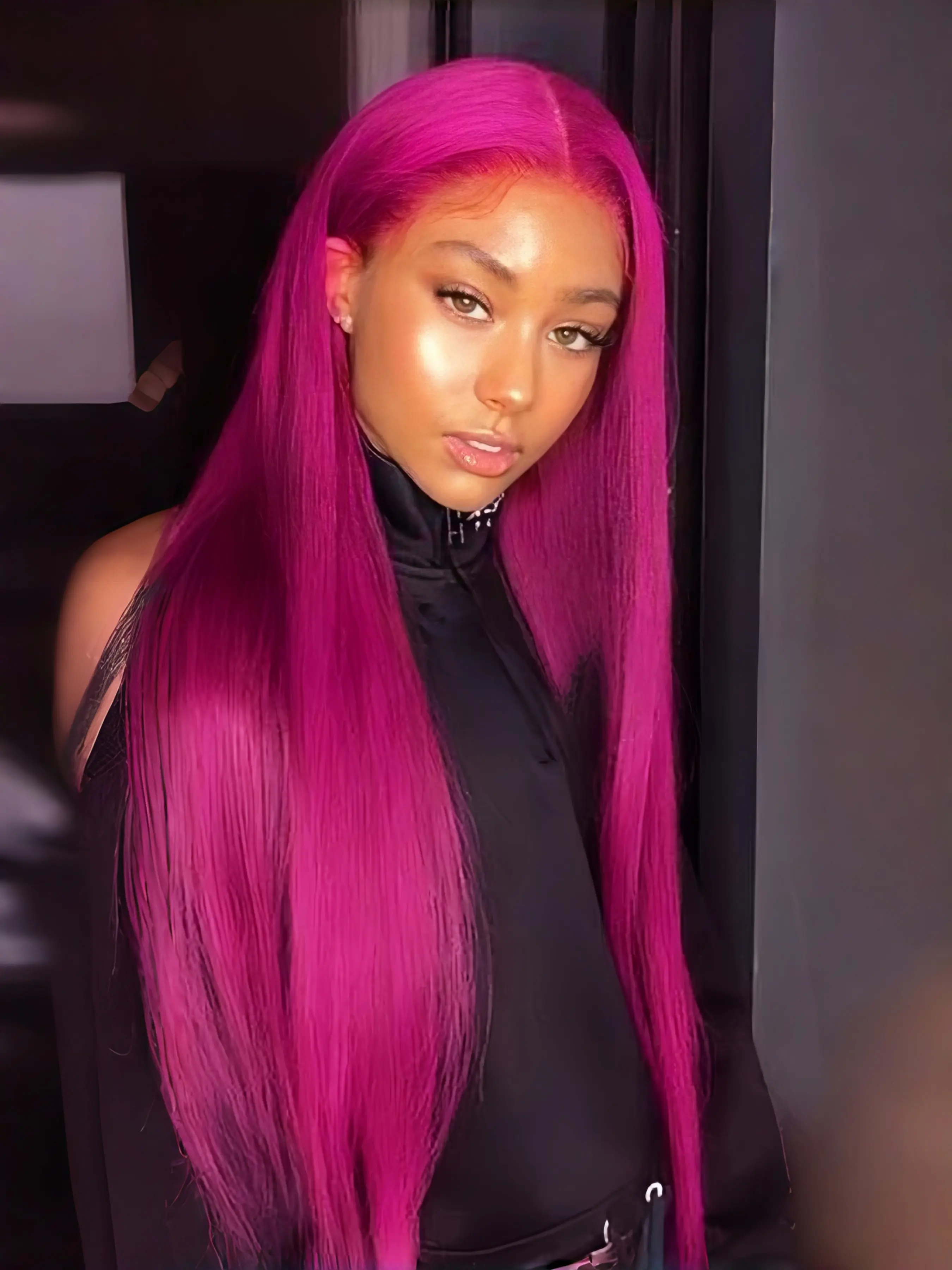 Rose Pink Women's Long Straight Lace Front Wig, Rose Fashion Synthetic Fiber, Matte High Temperature Silk, Stylish and Durable Hairpiece, Natural Looking Wig, Lace Frontal Wig, Synthetic Material Wigs