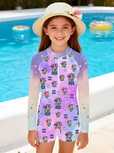 Girls' one-piece swimsuit, Swimwear "K-POP Girl Group Gradient Style" features purple-pink gradient + full-print cartoon idol design, energetic, eye-catching and fitted, enhances summer pool/beach outfits