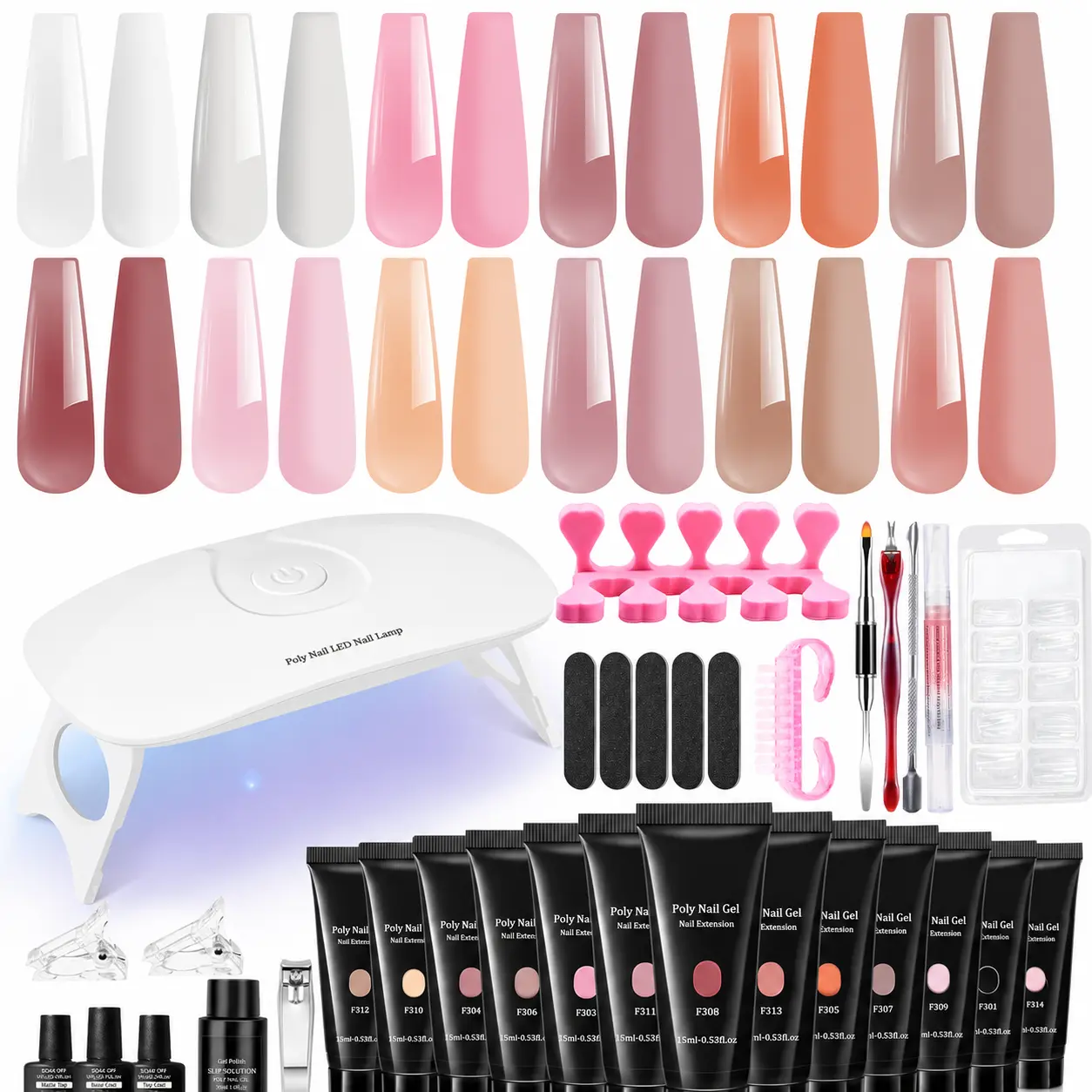 14PCS Poly Gel Extension Kit with UV Mini Lamp, Slip Solution, Nail Forms & Art Tools for Beginners, DIY Salon Manicure Set