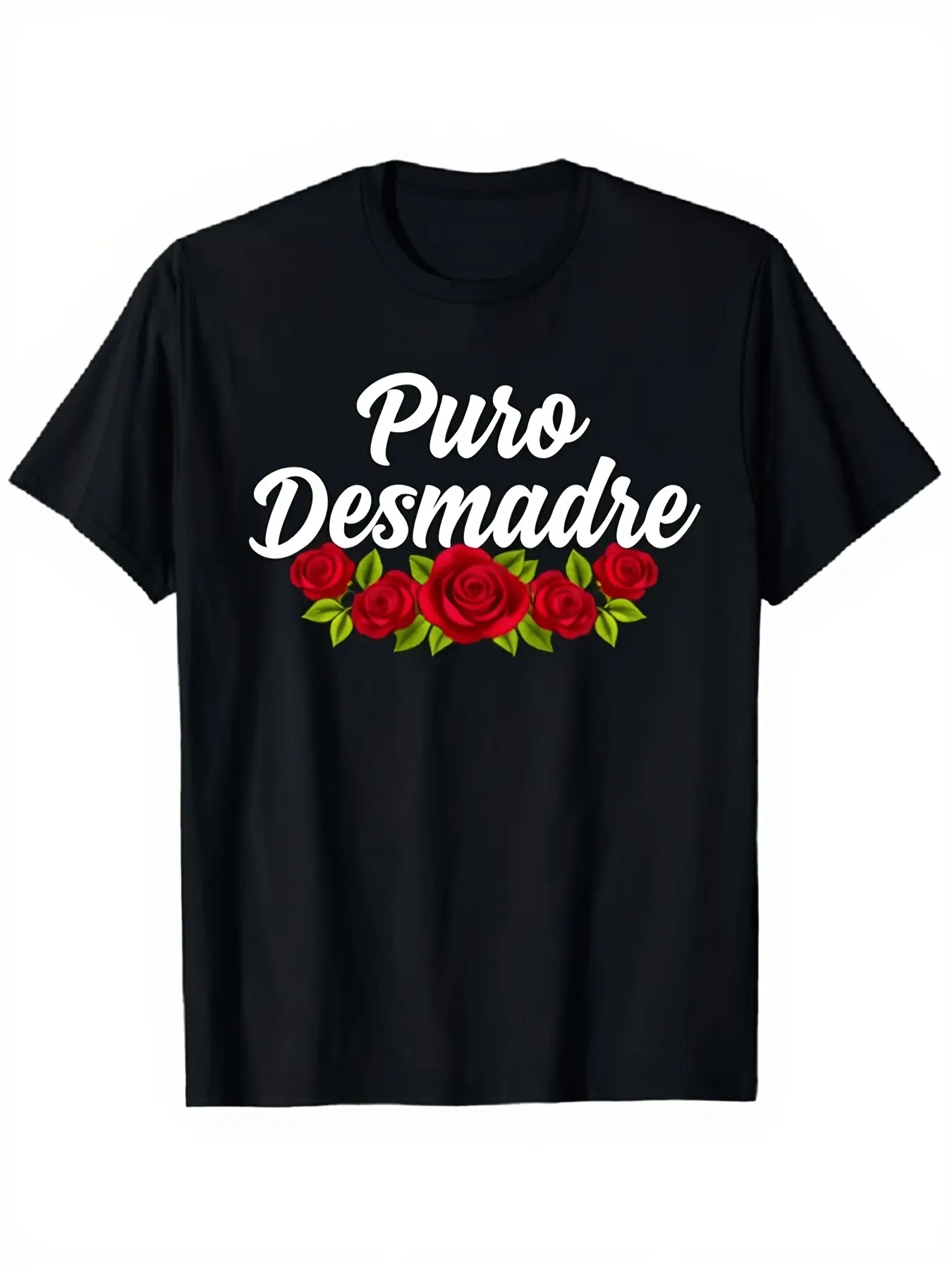Women's Unisex Black Puro Desmadre Graphic T-Shirt - Round Neck, Shortsleeve, Stretch Knit Polyester Fabric, Red Rose, Spanish Lettering, Retro Vintage Casual Soft Breathable Tee, Top, Tshirt, Geometric Print, Tops, Short-Sleeve Tee, Regular Cut, Crew Nec