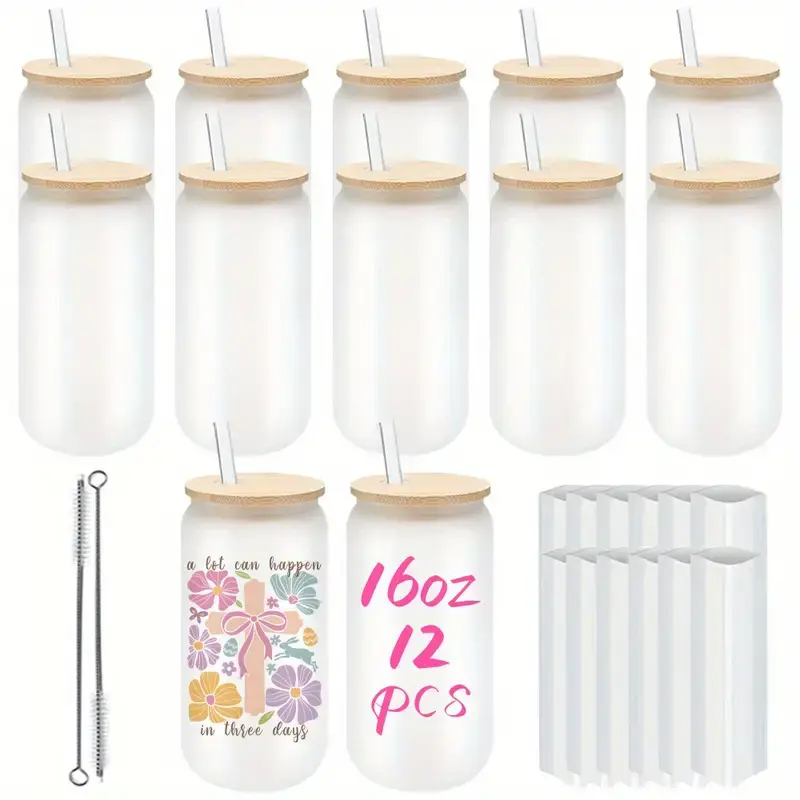 12-Pack Heat Resistant Borosilicate Frost Transparent Sublimation Tumblers - 500-1000ml/16oz, Round Shape, Bamboo Lids, Reusable Straws, Washable Portable Kitchen Drinkware for Hot Drinks, Juices
