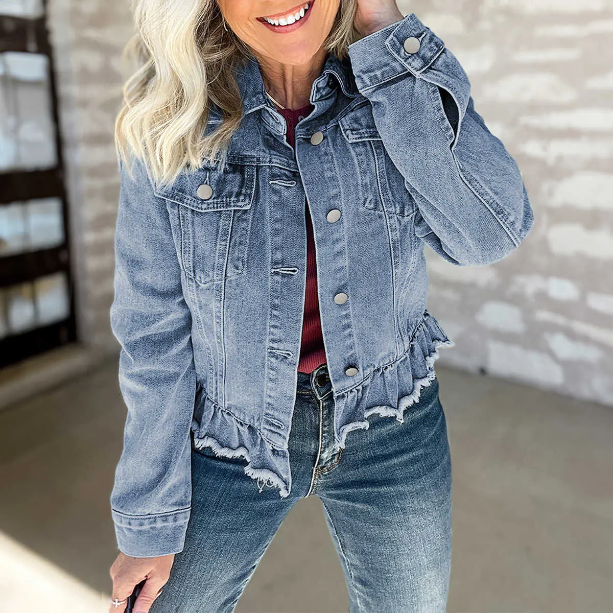 Beau Blue Ruffle Raw Hem Flap Pockets Denim Jacket