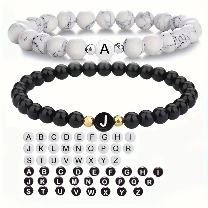 Couple Initial Beading Jewelry - 26-Letter White Turquoise & Black Onyx Friendship-Themed Bracelets & Bangles, Matching Letter Set Valentine’s Gift, gg2501918