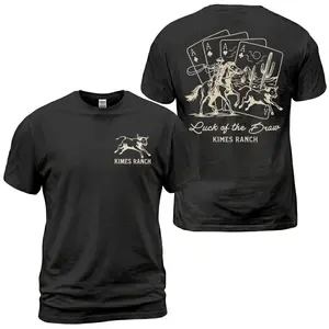 Kimes Ranch Luck Of The Draw Cowboy T-Shirt, Western Rodeo Graphic Tee With Playing Cards Horse Rider And Dog Back Print, Front Chest Kimes Ranch Logo Shirt, Country Ranch Lifestyle Apparel Gift for Men and Women
