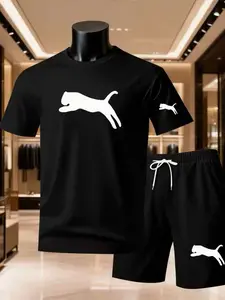 Men's Leopard Print Short Sleeve Set, Comfortable Elastic Fabric, Casual Summer Wear, Loose Fit, No Collar, Without Button