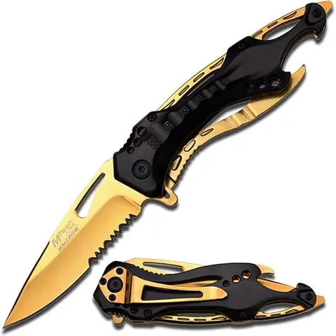 MTECH USA Unisex Folding Stainless Steel Pocket Knife - 3.75-In Half-Serrated Gold Titanium Coated Blade, Glass Breaker, Screwdriver, Portable EDC Multi-Tool, Survival Equipment, Outdoor Survival Tools, Hunt Gear, Cool Gifts for Him MT-A705BG