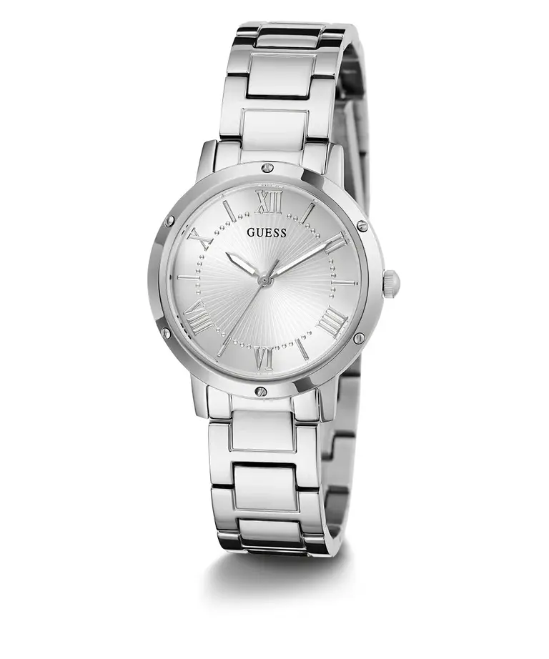 Guess Women's Elegant Metal Watch, Roman Numeral Silver Dial, Silver Tone, Decorative Screws, 30M - 50M Water Resistance for Daily Wear GW0404L1, Ladies, Pilot Buckle, Quartz