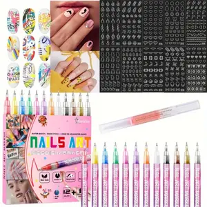 Gift for valentines's day  Nails Art Large Capacity 12 Color Acrylic Nail Graffiti Pen Set with 10 Template Stickers & 1 Quick Drying Nail Pen for DIY Manicure Cutics