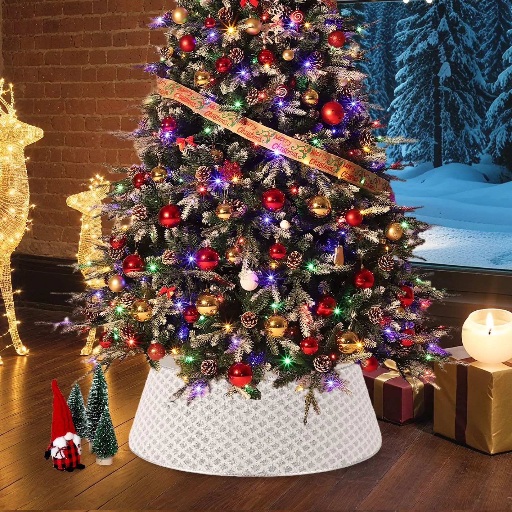 Silver Christmas Tree Collar, 33Inch Quilted Christmas Tree Skirt with 2 Clips, Soft Festive Holiday Tree Stand Base Cover, Holiday Skirt for Seasonal Home Décor