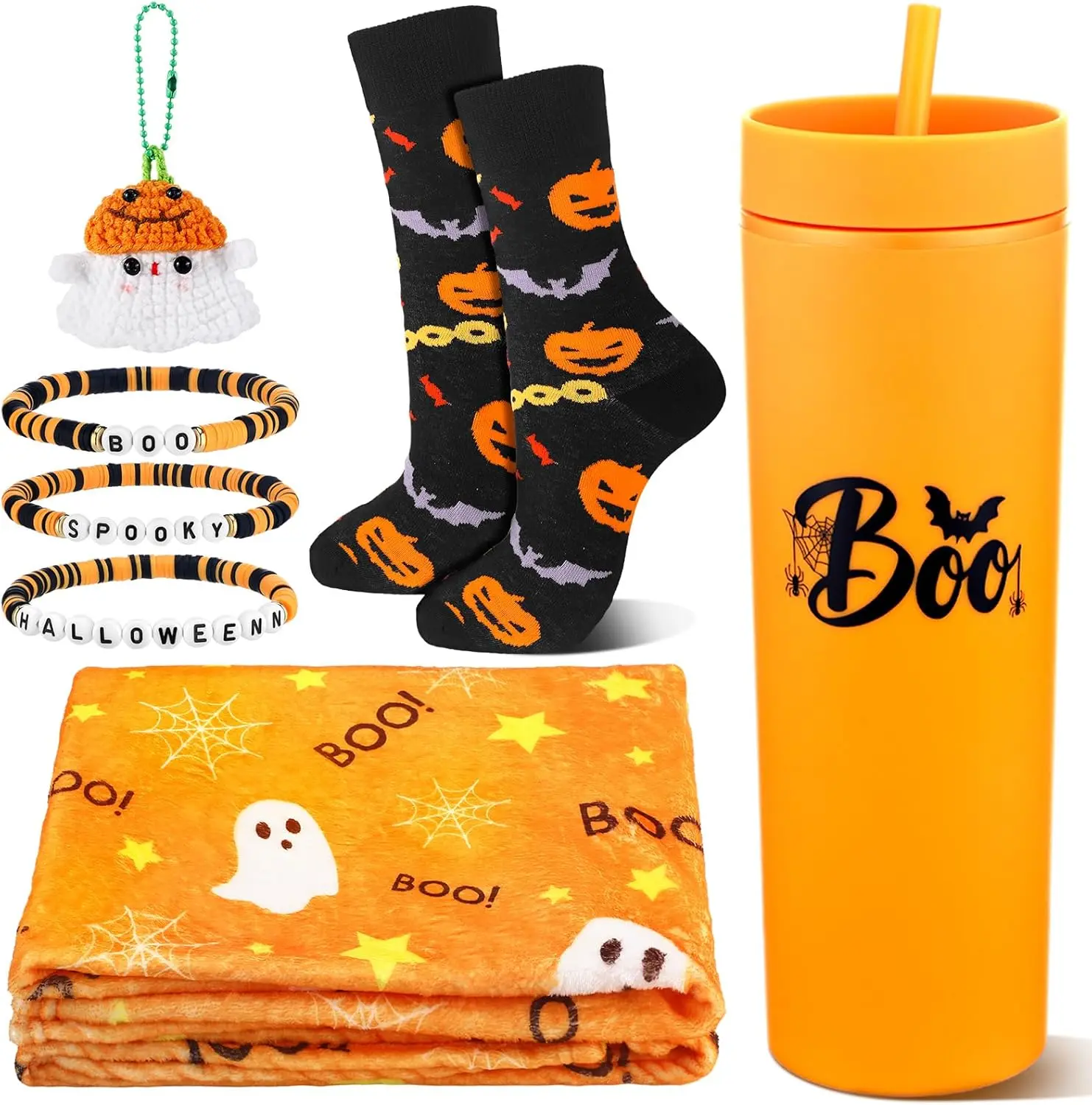 7 Pack Halloween Boo Basket Stuffers Halloween Gifts for Women Orange Basket Stuffer Includes 12oz Orange Acrylic Ghost Tumbler Velvet Blanket Crochet Ghost Keychain Socks for Family