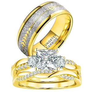 vowsering 1.5CT CZ Wedding Ring Set for Women & Men Yellow Gold Plated Bridal Couple Rings Tungsten Ring Wedding Band