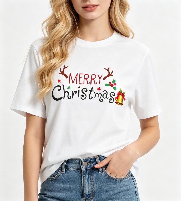 Women's Fitted Christmas Reindeer Antlers Bell Cotton T-Shirt - White, Short Sleeve, Casual Graphic Top with Holly Berry Print, Fabric for Holiday Anniversary Beach Wear #sohochic