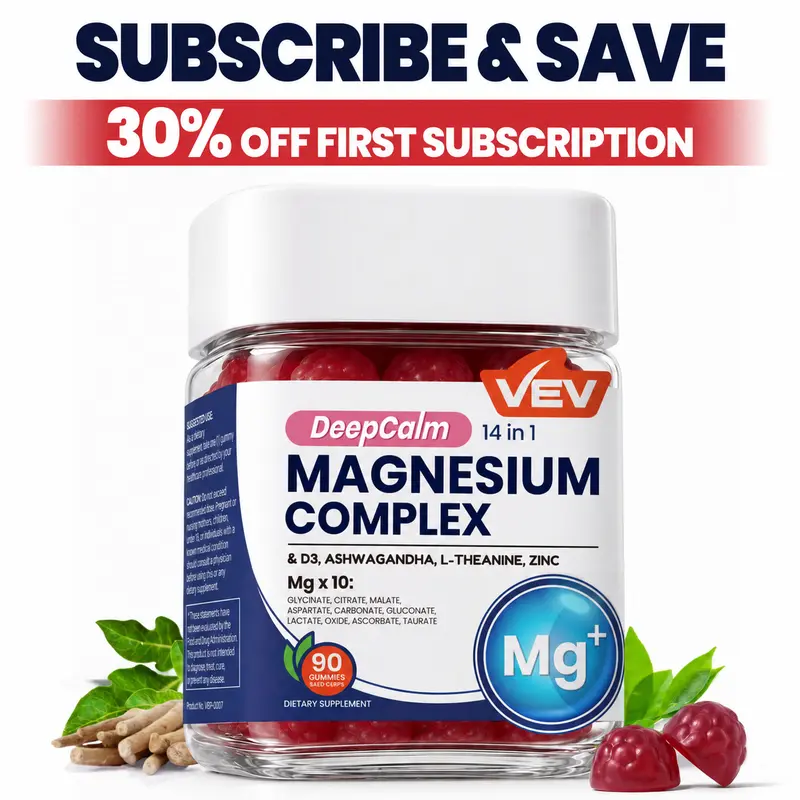 VEV Magnesium Complex Gummies, DeepCalm 14-in-1 Magnesium Citrate with Ashwagandha, L-Theanine, Vitamin D3 & Zinc, Sugar Free, Sleep Support, 90 Count