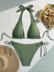 Women's Solid Color Bikini Set, Casual Halter Neck Tie Back Swim Top & High Cut Swim Bottom, Ladies Swimsuit for Beach Holiday Vacation, Tie Back Bikinis