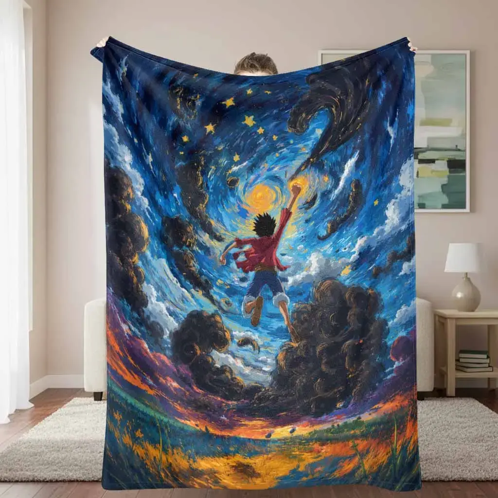 Hot Anime Luffy Starry Sky Adventure Flannel Blanket Galaxy Dream Print Soft Cozy Flannel Blanket Lightweight Warm Breathable Texture Perfect for Bedroom Living Room Sofa Travel Gift Home Decor Relaxing Moments