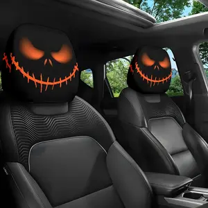 Halloween Pumpkin Head Pillow Covers Set of 2, Skull Design with Glowing Eyes, & Car Decorations, Spooky Car Accessories, Festive Atmosphere, Easy Install, Universal Fit