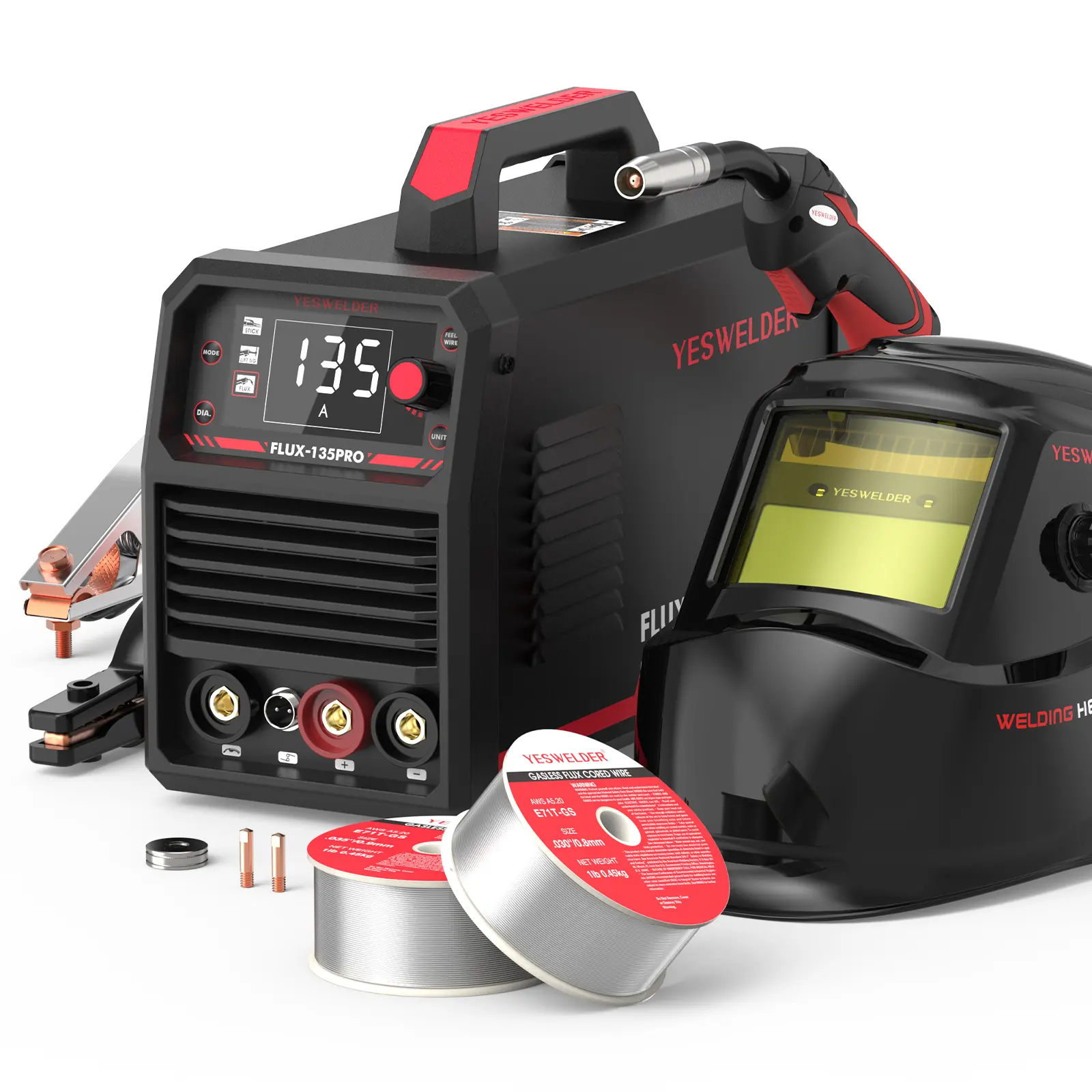 YESWELDER FLUX-135PRO 110V 135Amp Flux Core MIG Welder with LYG-L600A Welding Helmet | Gasless MIG/Lift TIG/Stick 3-in-1 Digital Display Welding Machine, Portable Welding Machine, Metal