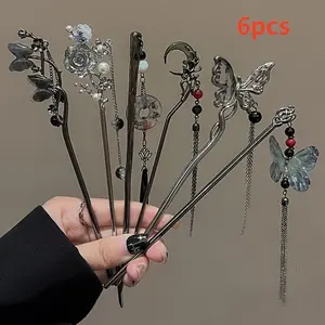 6pcs Alloy Elegant Butterfly Moon Rose Tassel Hairpin Set for Women Girls, Chic Cool Hair Accessories for Daily Wear, Perfect for Birthday Holiday Cosplay Party Photography, Ideal for Her