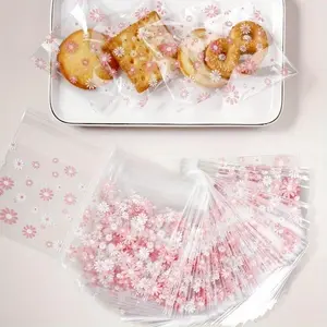 Reusable Cookie Bag, Snack Bags, 100pcs/set Flower Pattern Candy Bag, Self-adhesive Cookie Packaging Bag, Kitchen Storage & Organization Supplies, Gifts