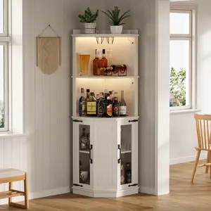 67.3" Corner Bar Cabinet with Power Outlet, Farmhouse Wine Bar Cabinet with Adjustable Shelves for Home,with Lights & Glass Rack for Dining Room, Living Room, Kitchen