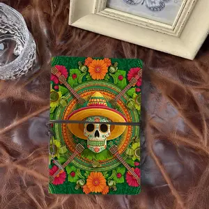 Handmade A6 Vintage Notebook Sturdy Tie Closure 160 Pages Thick Paper Durable Gift for Business Symposium Notes with Sugar skull, sombrero, guitars, flowers Pattern