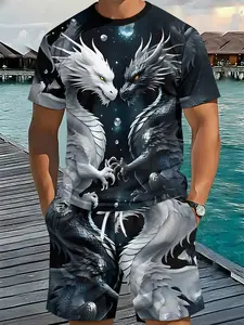 Black and White Twin Dragons Art 3D Digital Printing Two-piece Set, 2Pcs, Trendy Stylish Fashion Outfit Set, Trendy Retro Casual Two-piece Suit, Vacation-style Trendy Wear, Breathable Sports Casual Style, Perfect Holiday Gift for Men, Menswear