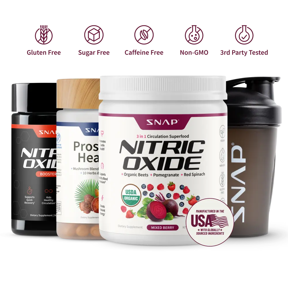 Snap Supplements - Berry Flavor Nitric Oxide Beets + Nitric Oxide Booster 60ct + Prostate Health With FREE Shaker (14oz) - Natural Supplements