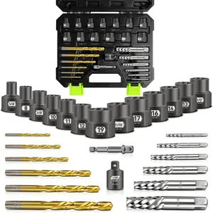 27- Bolt Extractor kit, Easy Out Screw Extractor Set with Left Hand Cobalt Drill Bits, Hex Adapter, 1/2" F to 3/8" M Reducer for Broken, Damaged, Rusted, Rounded-Off , Nuts