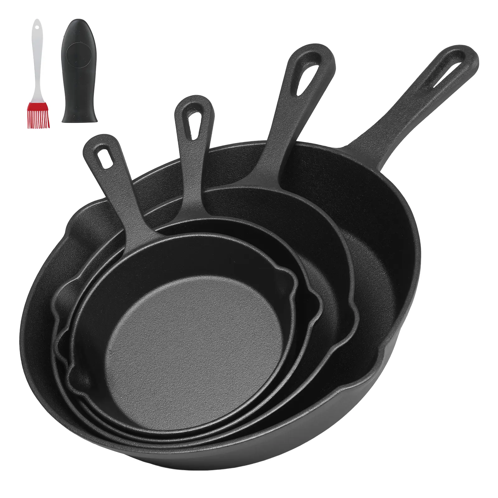 LOVEWE Cast Iron Frying Pan Set - 4/5-Piece Non-Stick Cookware with Ergo Handle, Heatproof Easy-Clean Grill Pans & Woks, Oven Safe, Compatible with Induction Hob, Stove