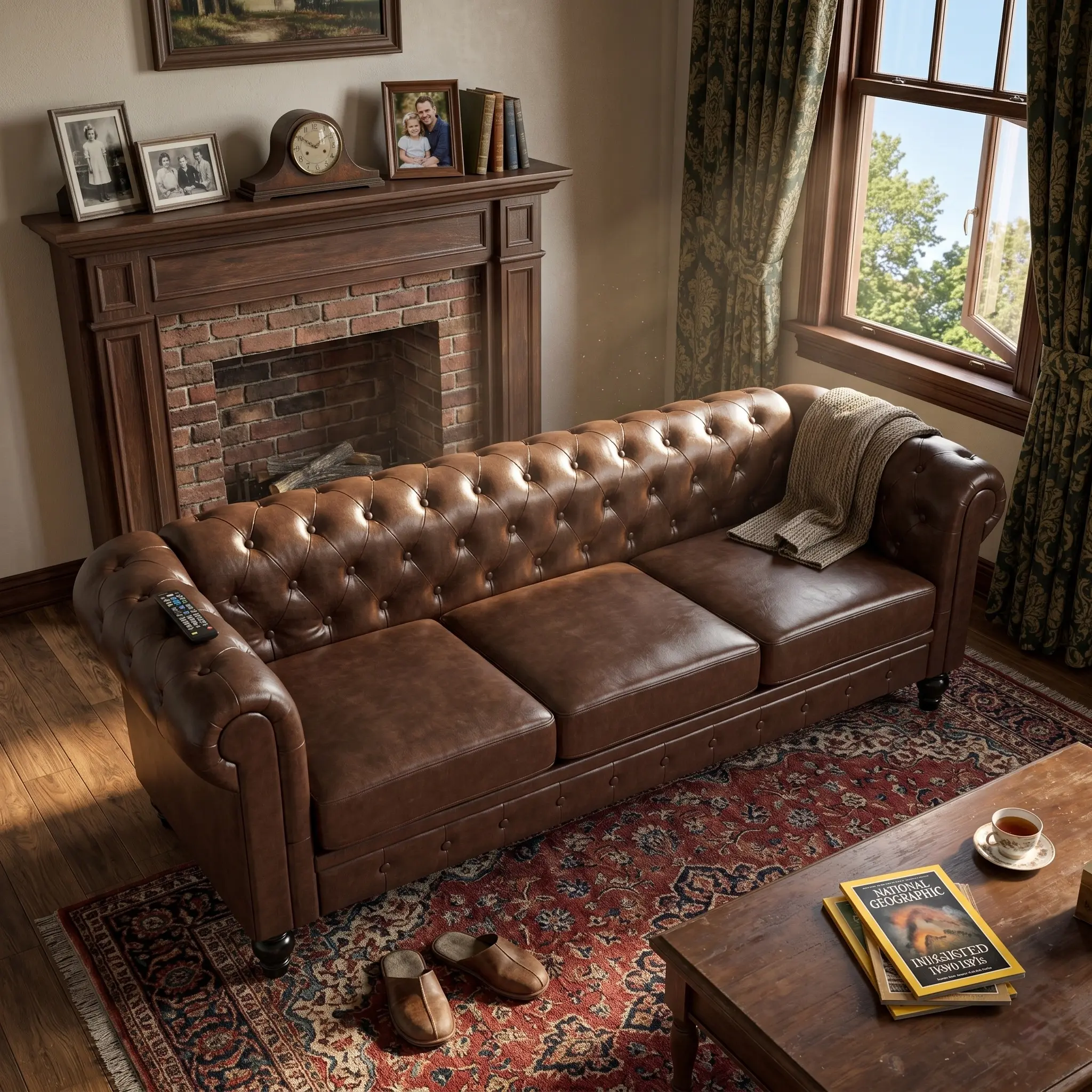 88-in Traditional Sturdy Chesterfield Faux Leather Sofa, 3-Seat Indoor Furniture with Button Tufted Design, Rolled Arms, Polyurethane Foam for Living Room Hosting
