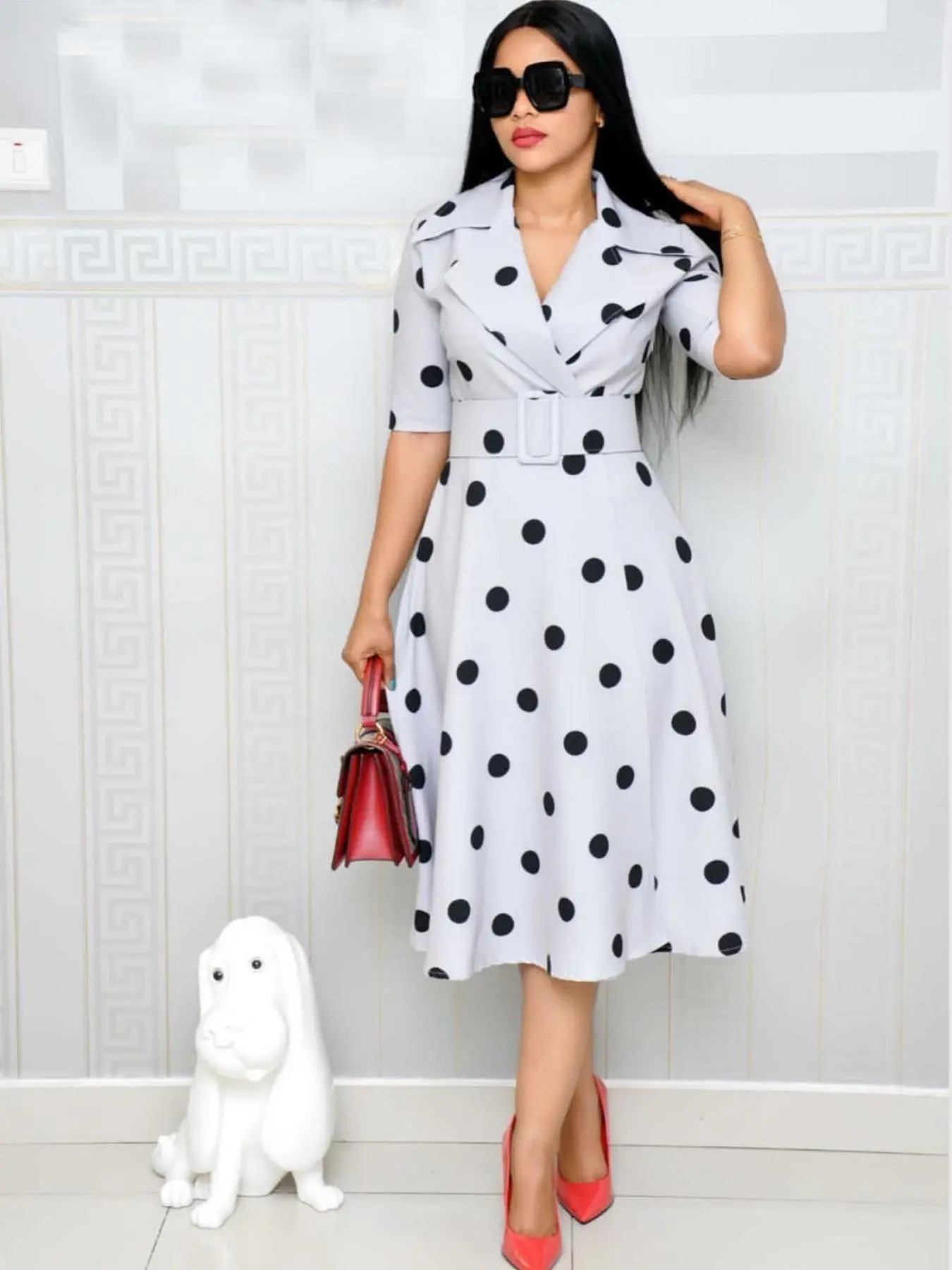 Elegant Chic Women's Midi Dress with Belt, Polka Dot Pattern, Short Sleeve, Fitted Design for Fall Wear