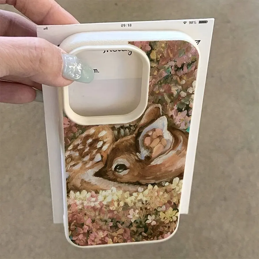 Deer Forest Flowers Retro Oil Painting Style TPU Case - Anti-Drop, Non-Slip, Large Hole Leather Texture Smartphone Protection for iPhone 17/16/15/14/13/12/11/XS/X Series Handheld Cellphone Devices, Giftable for Friends