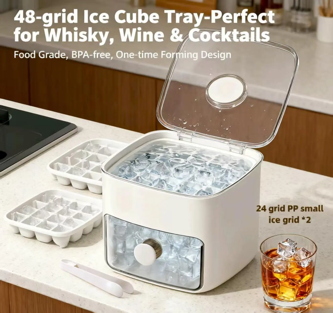 Ice Cube Maker Double Layer 48-Cube Food-Grade Plastic Tray for Refrigerator Easy Glide Odor-Free Quick Release Ice Sphere Mold Double Deck Ideal for Whisky Wine Cocktails