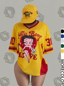 Streetwear Y2K Mesh Breathable American Vintage Doll Print V-Neck Short Sleeve T-Shirt for Women, Loose Oversize Fit Sports Casual Top