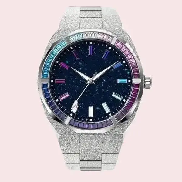 Starry Blue Dial 40mm Mechanical Watch with Blue Purple Diamond Studded Circular Bezel & Silver Diamond Bracelet