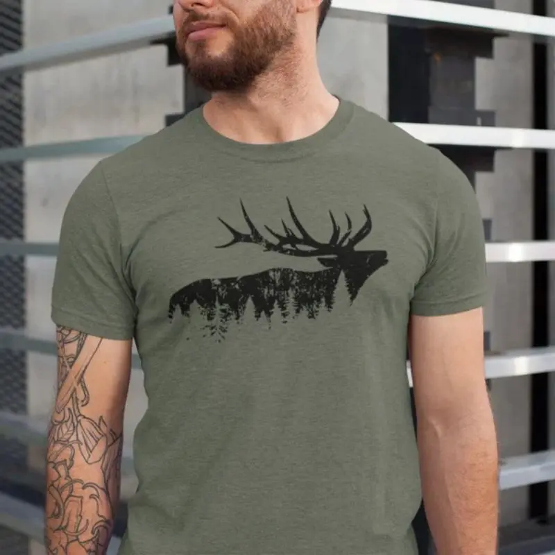 Elk and Forest Shirt, Wilderness Hunting T-Shirt, Outdoors Nature Graphic Tee, Woodland Wildlife Top, Hunter Gift for Him