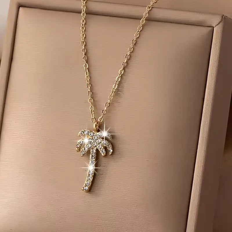 Gold CZ Palm Tree Pendant Necklace Sparkly Tropical Beach Jewelry Dainty Summer Accessory for Women Perfect Vacation Gift