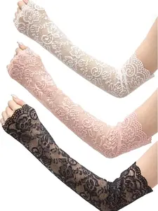 3 Pairs Women Lace Arm Sleeves Long Lace Gloves Fingerless Arm Covers Warmers Black White Pink