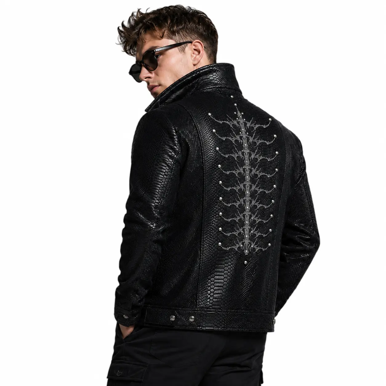 Men's Street Style Biker Leather Jacket, Plain Black Slim Fit Coat with Embroidered Details and Zipper Closure, Stylish, All Seasons, Retro Style, Tops, Pull-On, Vintage Classic, Casual, Jeans