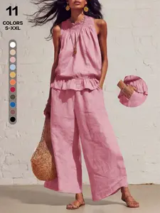 2026 European Style Linen Feel Sleeveless High Waist Wide Leg Pants Set, Summer Halter Neck Top + Straight Leg Long Pants Two Piece