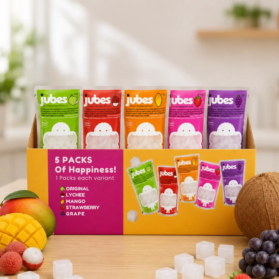 Jubes Coconut Jelly Cubes, Fruit Flavored Nata De Coco Dessert Snack (Variety 7.4 Oz)