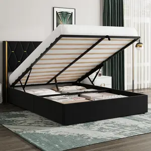 Garvee  Storage Bed Full with Upholstered Wingback Headboard, Modern Full Size Hydraulic Bed Frame with Strong Wood Slats Support, No Box Spring Needed, Easy Assembly, Black, Modern Beds