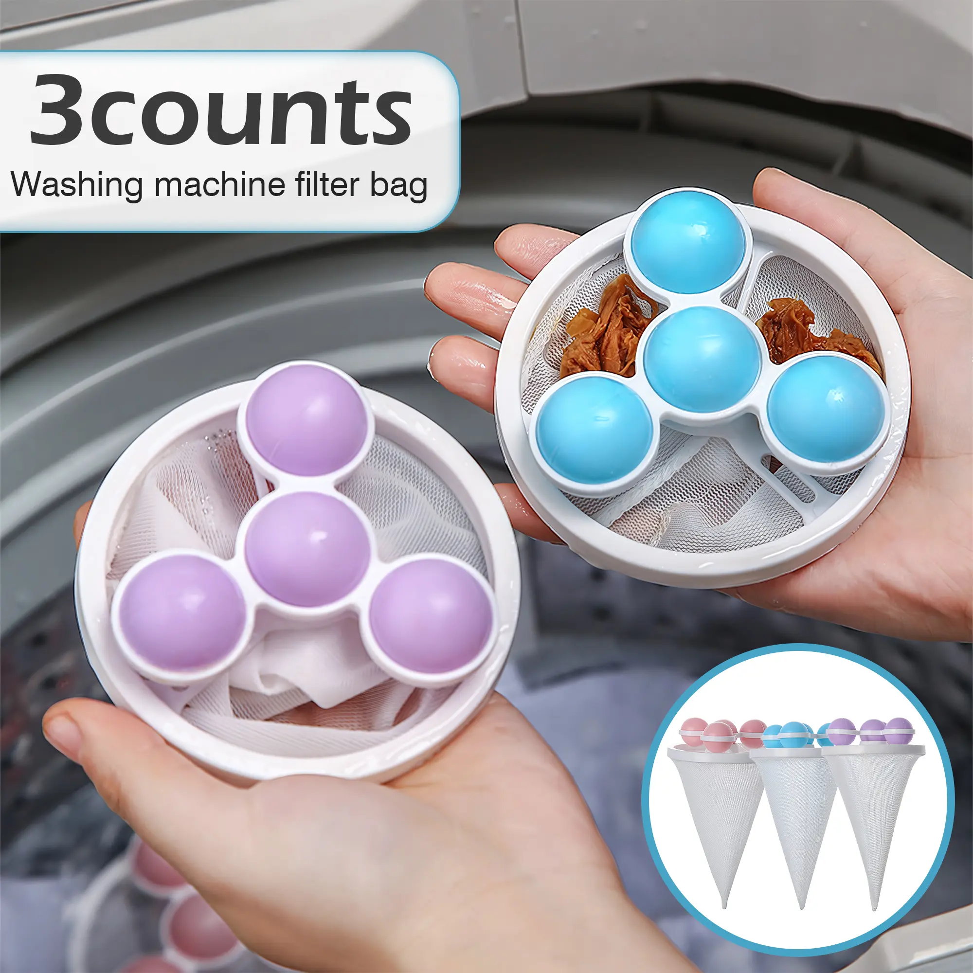 3 Counts Washing Machine Filter Bag, Reusable Floating Hair Filter for Laundry