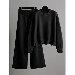 Ladies' Early Autumn New Fashion Sweater Two-piece Set: Round Neck Drop Shoulder Long Sleeve Pullover Top + Straight Wide Leg Pants Combination, Pattern Pure Color Loose Casual Series