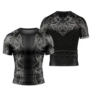 Fenrir Tattoo Viking Men's Short Sleeve Rash Guard – Norse Mythology-Inspired Design, Bold Fenrir Wolf Graphic, Perfect for Workout, Outdoor Adventure, and Activewear, Ideal Gift for Viking & Mythology Enthusiasts