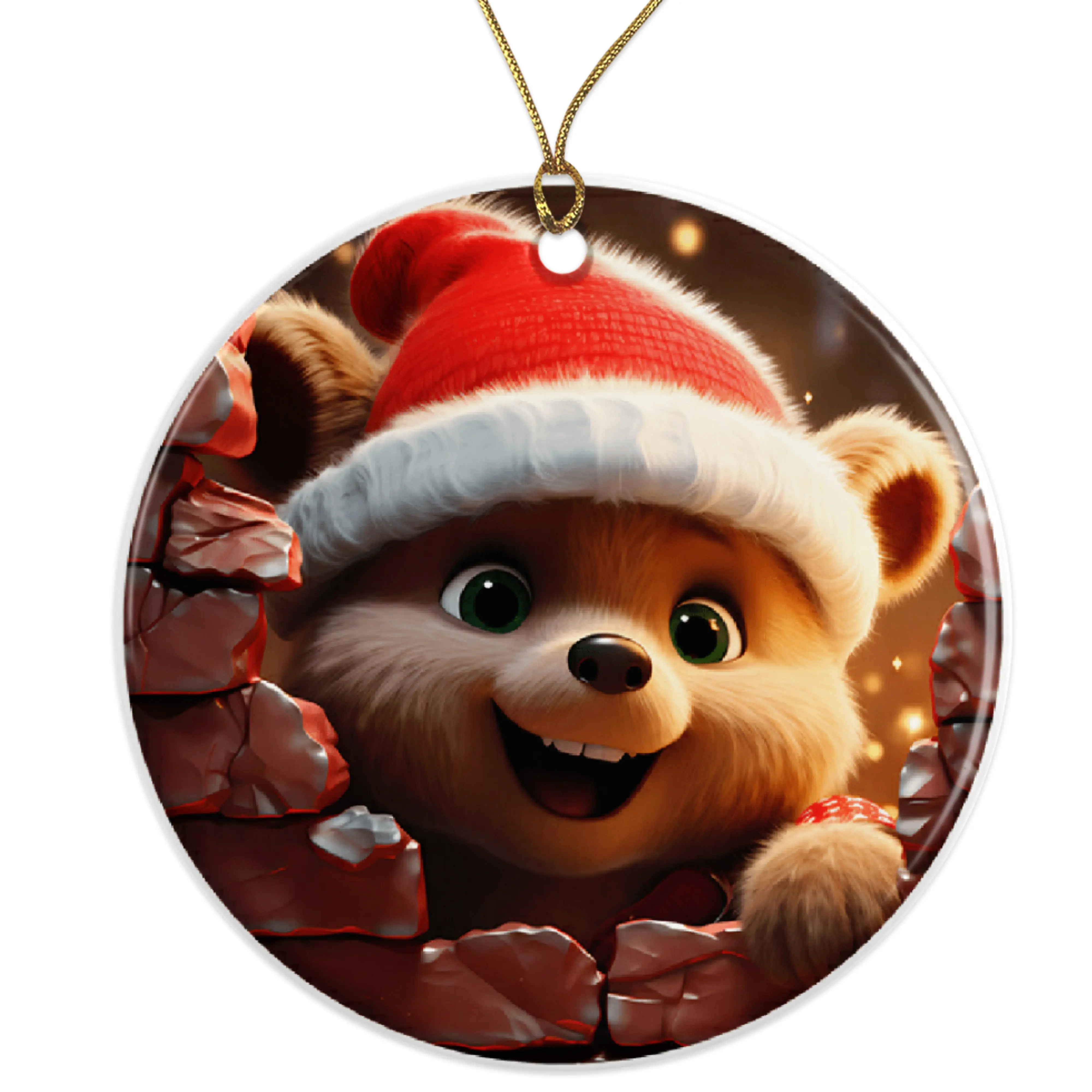 Cute Festive Bear Ornament with Santa Hat | Christmas Tree Decor | Holiday Season Xmas Gift Ceramic Ornament - 3 Inch Christmas Tree Round Ornament - Xmas Holiday Decor - String Included - ORNW0211